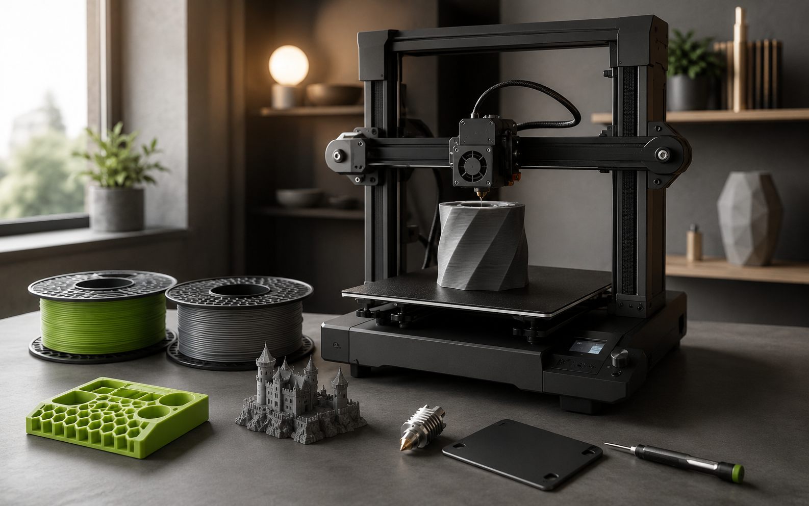 Modern 3D printing workspace with a printer, filament, printed object, and tools
