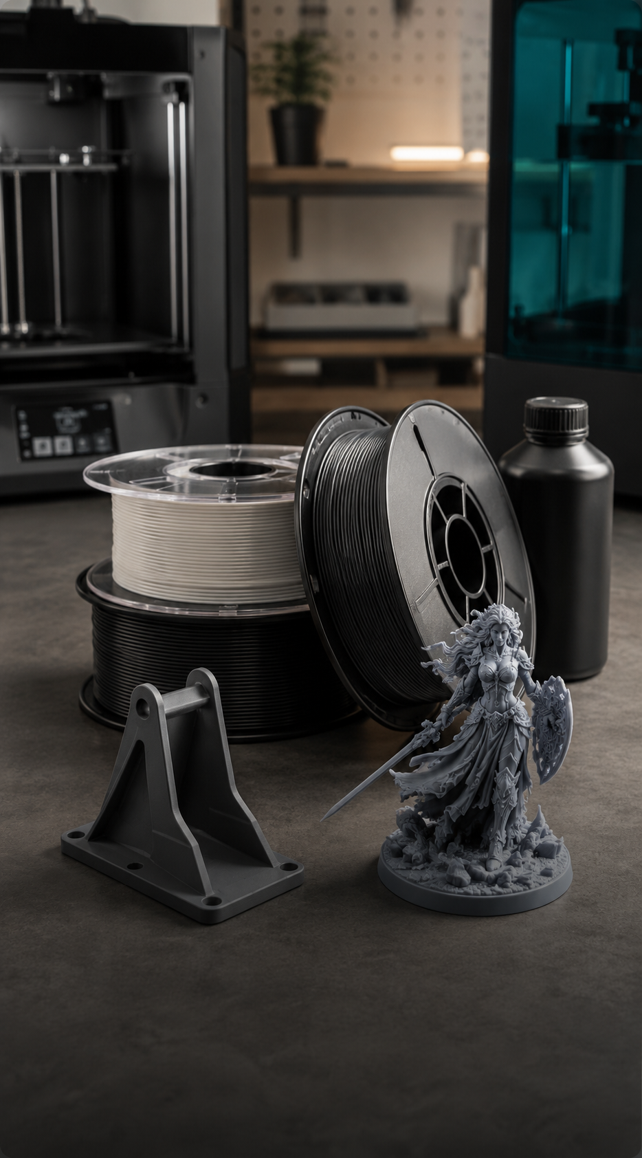 Refined filament and resin material scene with finished printed objects