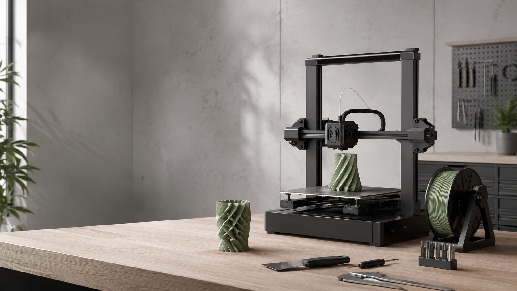 Premium 3D printing workspace with a printer, filament spool, tools, and a finished print