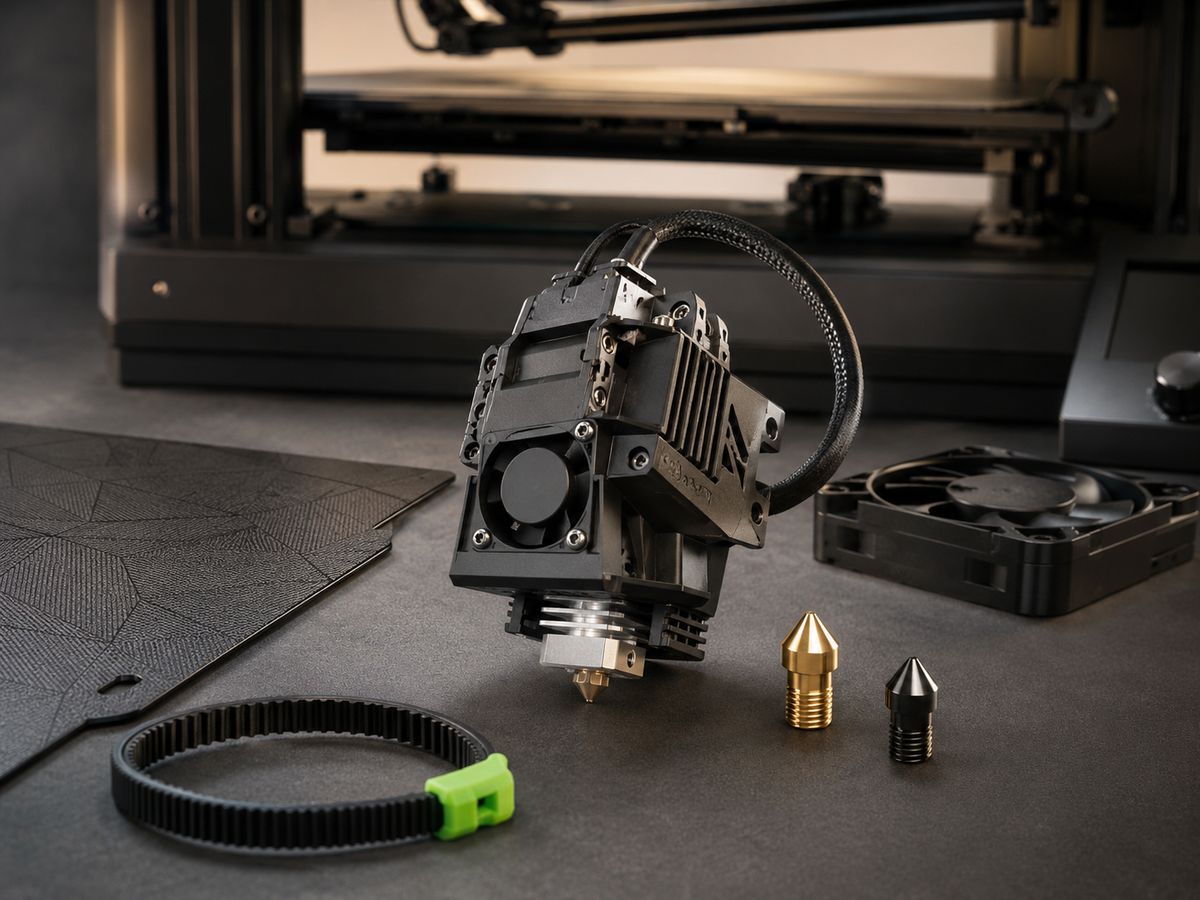 Technical close-up of 3D printer parts and upgrades
