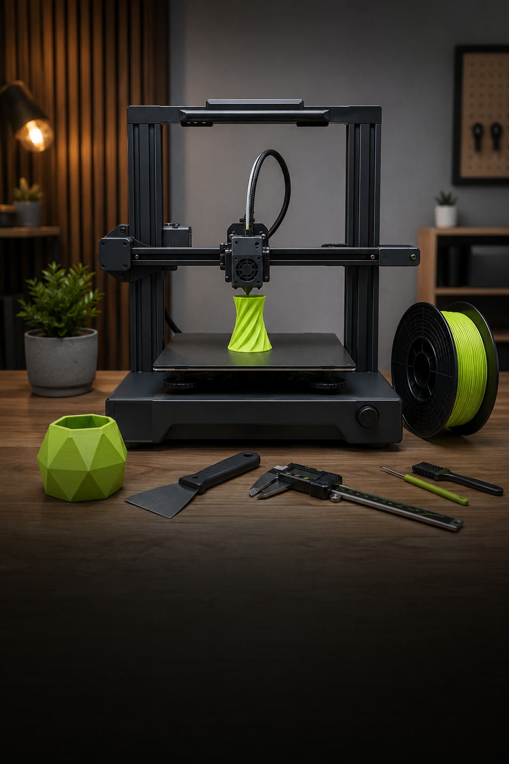 Premium FDM or resin printer workspace with one finished print and a few essential tools