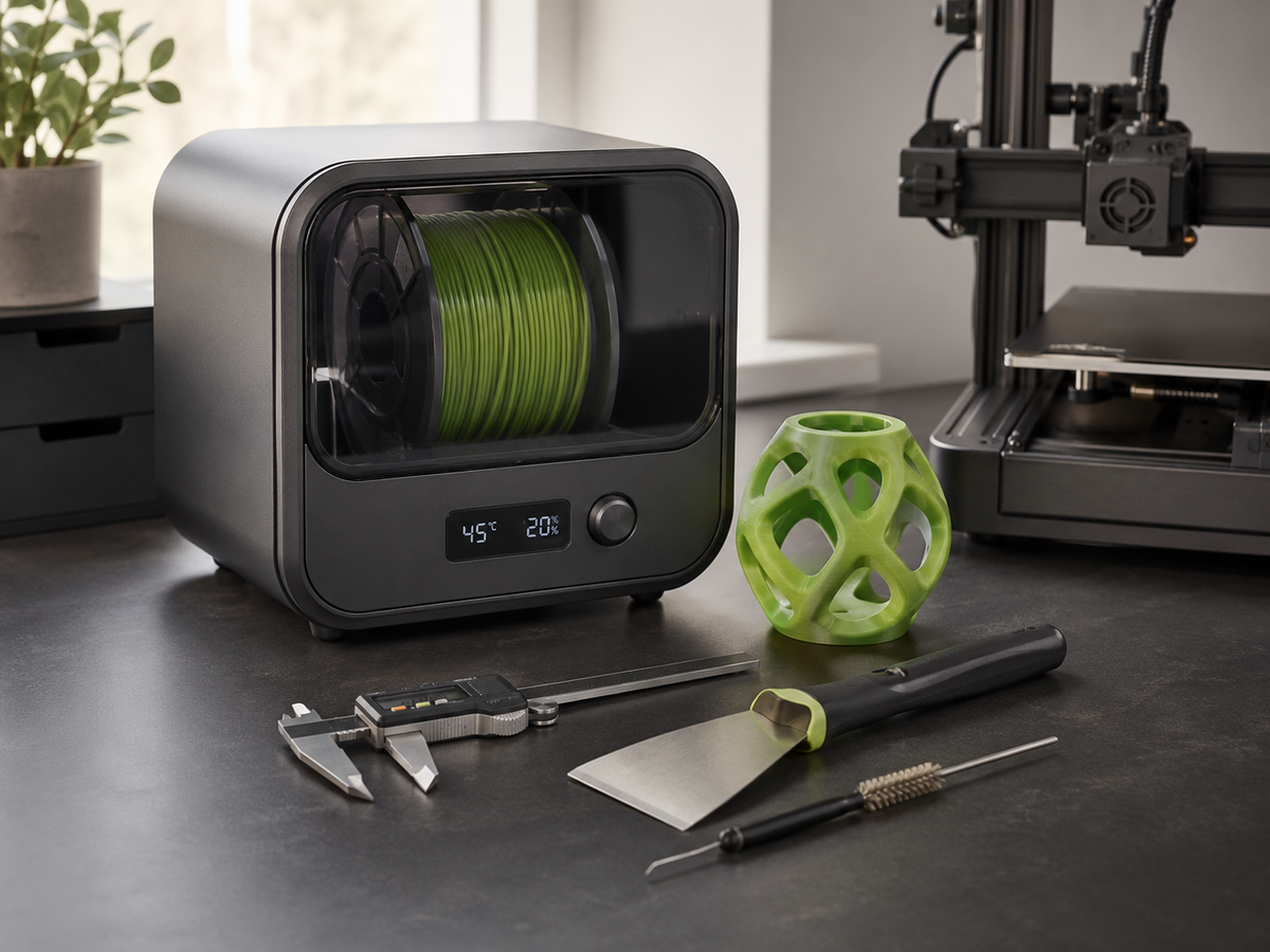 Organized premium 3D printing workspace with tools and maintenance accessories