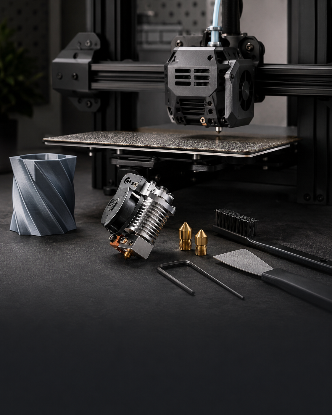 Premium 3D printer close-up with nozzle hotend build plate and organized maintenance tools
